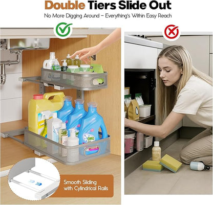 2 Pack 21.3IN-Depth Under Sink Organizer with Smooth Cylindrical Rail,2-Tier Pull Out Multi-Purpose Cabinet Storage for Bathr