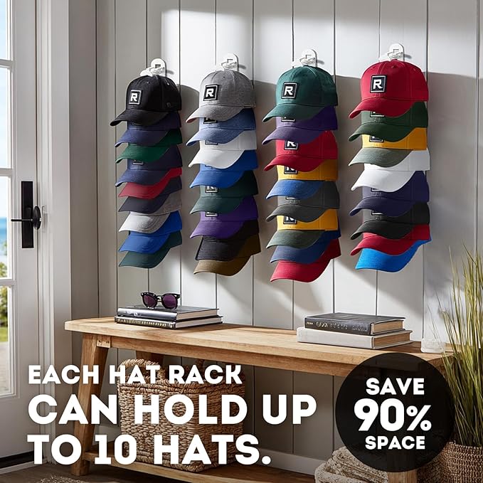 Hat Hook for Wall, 2 Pack Hat Organizer Hold up to 20 Hats,Hat Holder with Strong Adhesive and 8 Pack Screws, Cap Holder Hat 