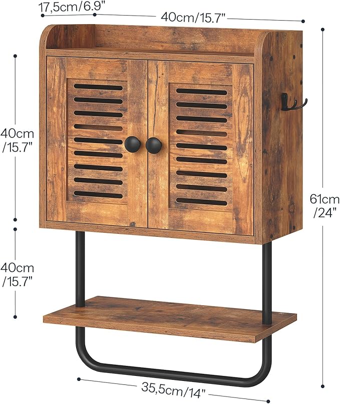 HOOBRO Bathroom Wall Cabinet, Double Doors Medicine Cabinet with Towel Bar, Adjustable Shelf, 2 Hooks, Over The Toilet Storag