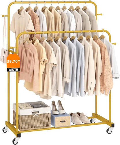 Laiensia Double Rods Garment Rack with Wheels, Clothing Rack for Hanging Clothes,4 Hooks, Multi-functional Bedroom Clothes Ra