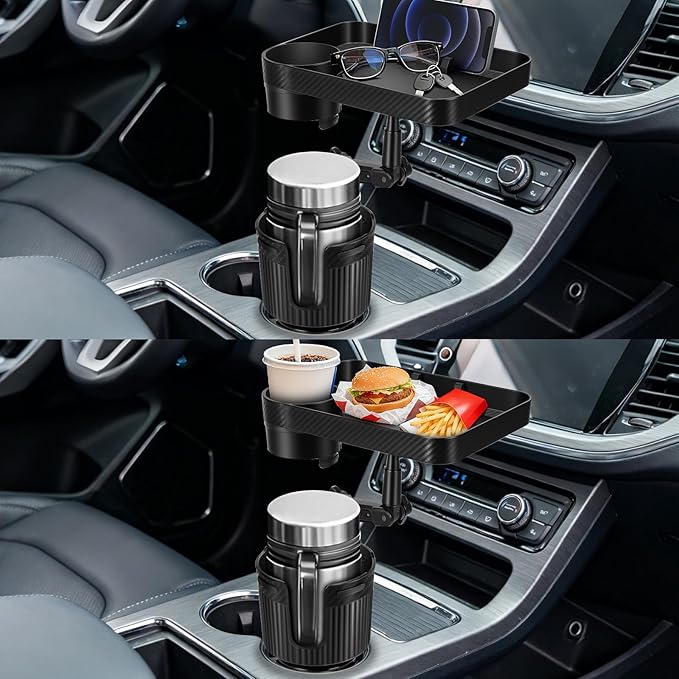 Car Cup Holder Tray, Car Food Tray for Eating with Phone Holder, Large Car Cup Holder Expander with Adjustable Base, Fit in 2