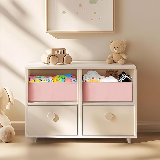 DIMJ Large Closet Shelf Organizer Bins 4 Packs with Handles and Divider, Fabric Trapezoid Storage Baskets, Foldable Clothes C