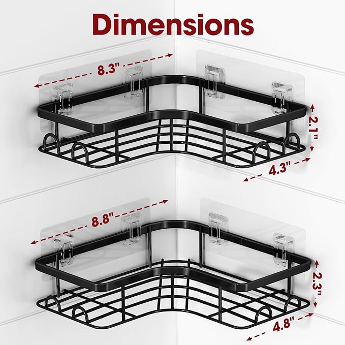 Sakugi Corner Shower Caddy - 2 Pack, Adhesive Shower Organizers, Rustproof Stainless Steel Shower Shelves with 8 Hooks, No Dr