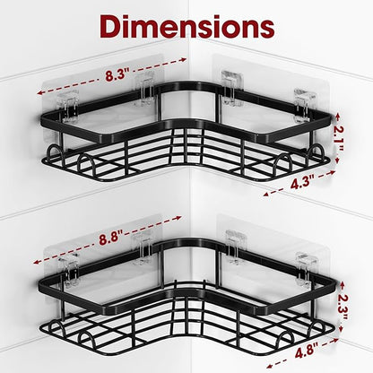 Sakugi Corner Shower Caddy - 2 Pack, Adhesive Shower Organizers, Rustproof Stainless Steel Shower Shelves with 8 Hooks, No Dr