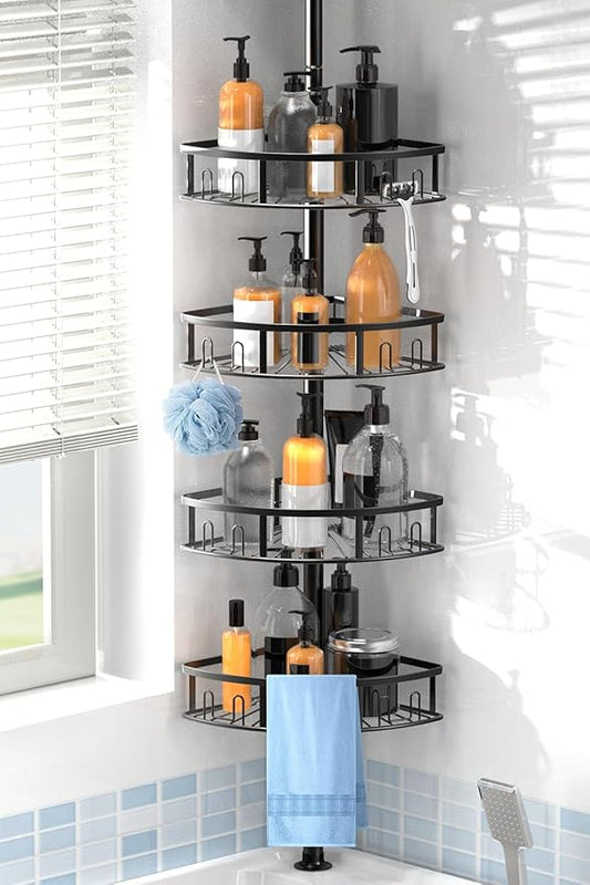 4-Tier Rustproof Corner Shower Caddy with Tension Pole, 42-115 Inch Adjustable Height Shower Organizer, Shower Shelves with H