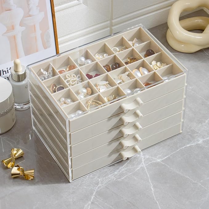 YUFONG Earring Storage Box Organizer, Acrylic Jewelry Storage Box Holder 5 Drawers Transparent Jewelry Display Stand with 120
