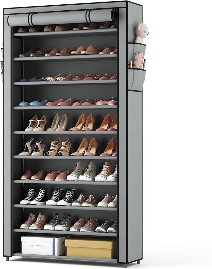 ROJASOP Shoe Rack with Covers, Stackable 10 Tier Tall Shoe Shelf Storage 50-55 Pairs Shoes and Boots Large Capacity Vertical 