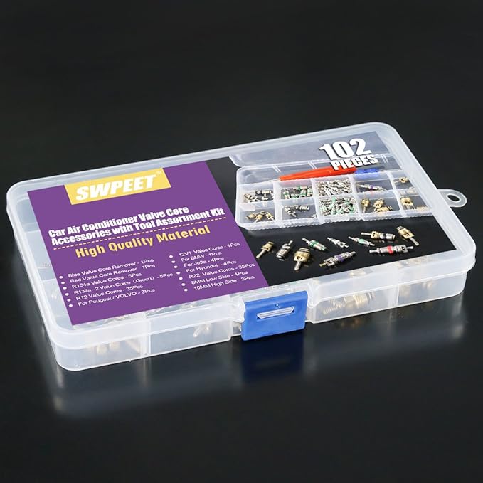 Swpeet 41Pcs R12 / R134a AC Master Valve Core Repair Kit, Including Assortment R12 R134a Valve Core Refrigeration Tire Stem w