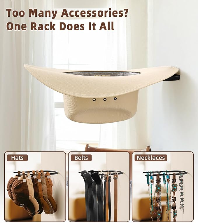 4 Pack Cowboy Hat Rack for Wall, Metal Cowboy Hat Holder Wall Mounted, Hat Hanger for Wide Brim, Fedora, Baseball Caps, Rusti