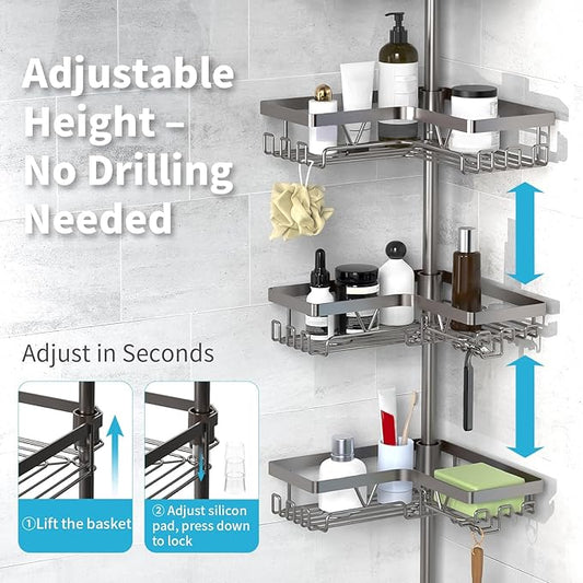 KEGII Corner Shower Caddy Tension Pole with Soap Dish & Razor Holder, Adjustable Bathroom Organizer with Hooks, 25-114.2 Inch