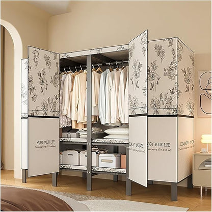 Portable Foldable Wardrobe Closet with Cover, Metal Garment Rack for Clothes Storage, Space-Saving Organizer for Bedroom, 151