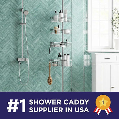 Zenna Home Tension Pole Shower Caddy Corner Organizer, Adjustable Standing Shower Caddy with 4 L-shaped Baskets and Hooks, Ru