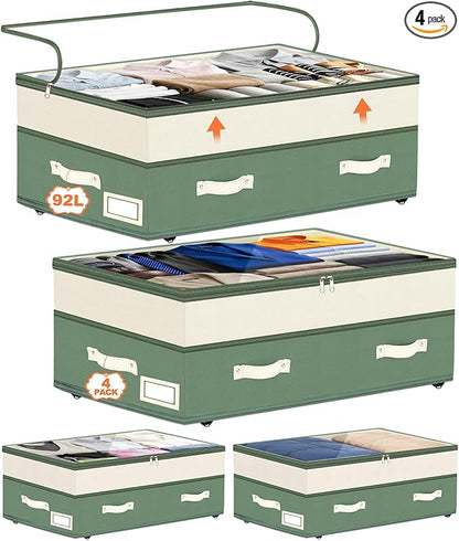 Dolicer 4 Pack Under Bed Storage with Wheels, 6in-10in Height Adjustable Underbed Storage Containers, 92L XXXL Under Bed Draw