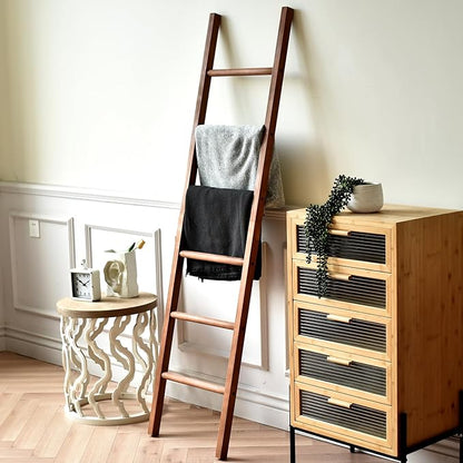 FUIN 6ft Wooden Brown Blanket Ladder Living Room Decorative Wall Leaning Farmhouse Quilt Display Holder Rustic Wood Towel Rac