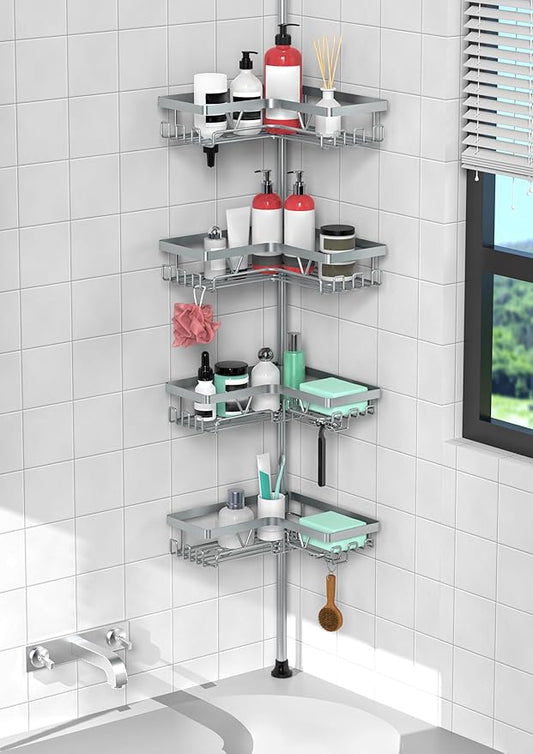 KEGII 4-Tier Corner Shower Caddy Tension Pole - Adjustable Shower Tension Rod Organizer, Floor to Ceiling Shower Caddy 25-114