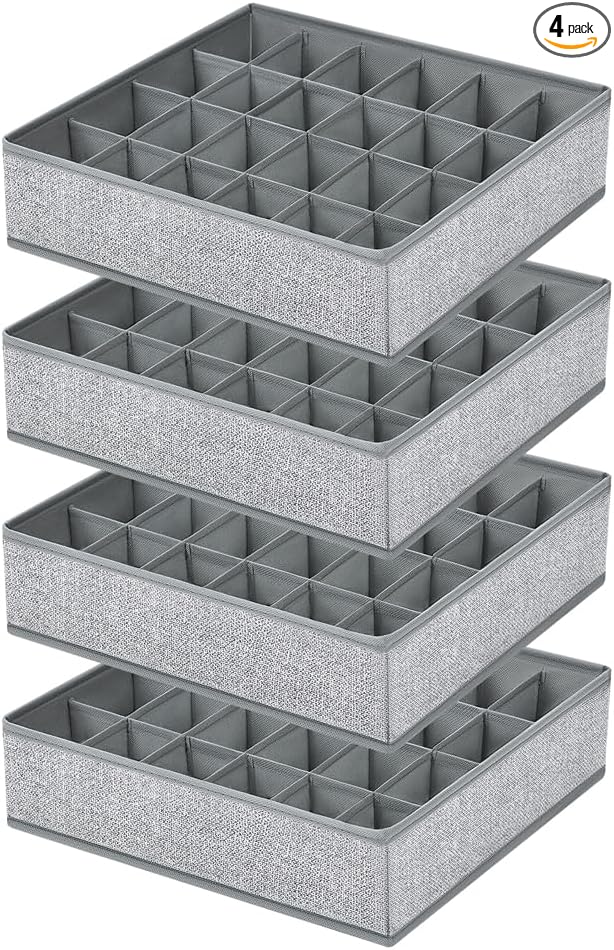 Sock Organizer 4 Pack, Foldable Underwear Drawer Organizer - 24 Cell for Socks, Handkerchiefs, Ties, Belts (Gray)