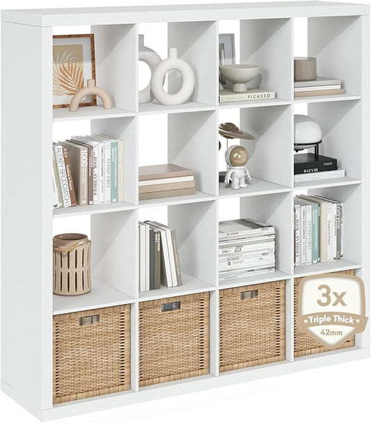 Furinno Cubicle Book Shelf, 16-Cube Bookshelf, Triple Thick Frame Cube Storage Organizer, 1.65" Bookcase, 15.4 x 57.4 x 56.9,