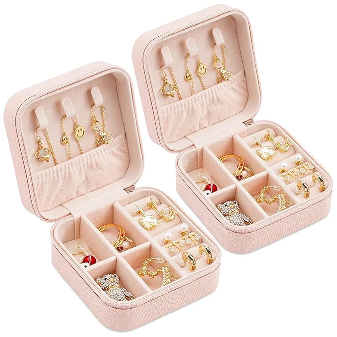 Neveika 2pcs Portable Travel Mini Jewelry Box Leather Jewellery Ring Organizer Case Storage Gift Box Girls Women (pink).