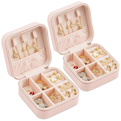 Neveika 2pcs Portable Travel Mini Jewelry Box Leather Jewellery Ring Organizer Case Storage Gift Box Girls Women (pink).