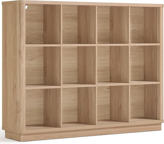 Joaxswe 12 Cube Storage Organizer, 41" Large Bookshelf with Curved Edge, Wood Floor Standing 3-Tier Cubby Bookcase with Base,