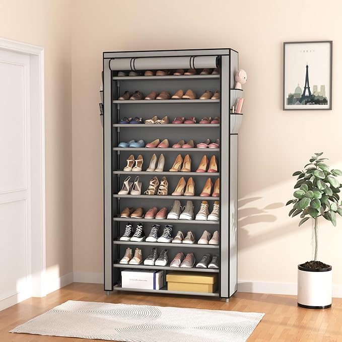 ROJASOP Shoe Rack with Covers, Stackable 10 Tier Tall Shoe Shelf Storage 50-55 Pairs Shoes and Boots Large Capacity Vertical 