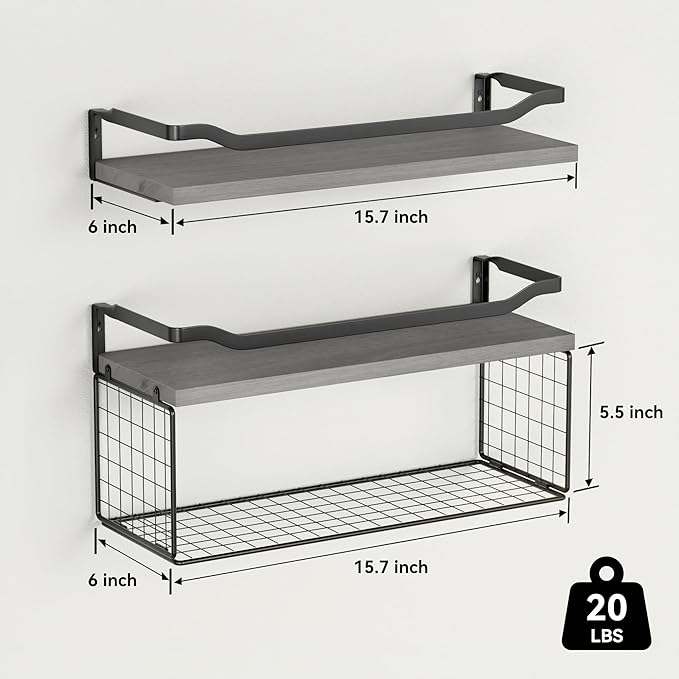 WOPITUES Floating Shelves with Wire Storage Basket, Bathroom Shelves Over Toilet with Protective Metal Guardrail, Wood Wall S