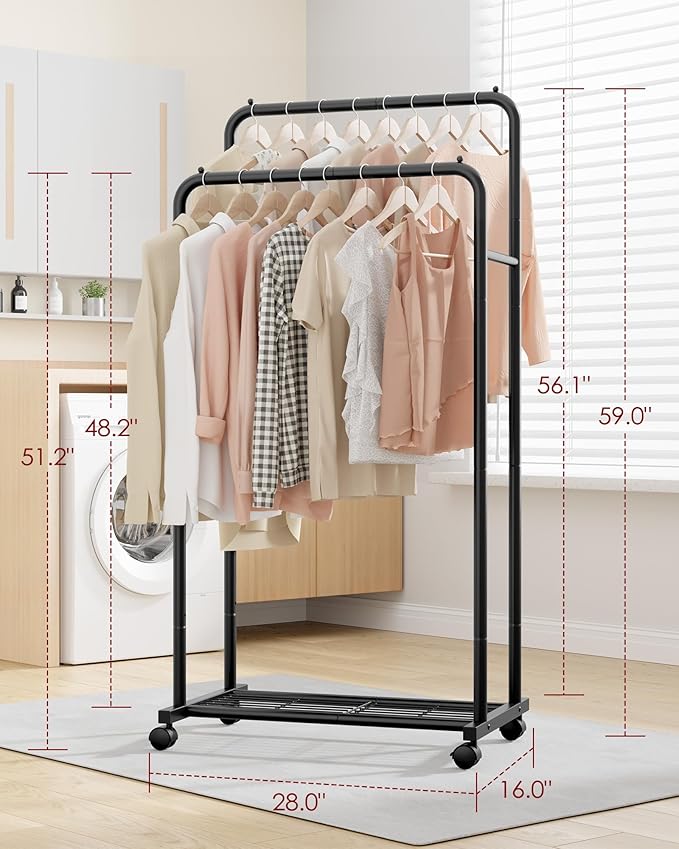 Sakugi Clothes Rack - Clothing Rack with Storage Mesh Shelf & Casters, Heavy-Duty Metal Clothing Rack for Hanging Clothes, Dr