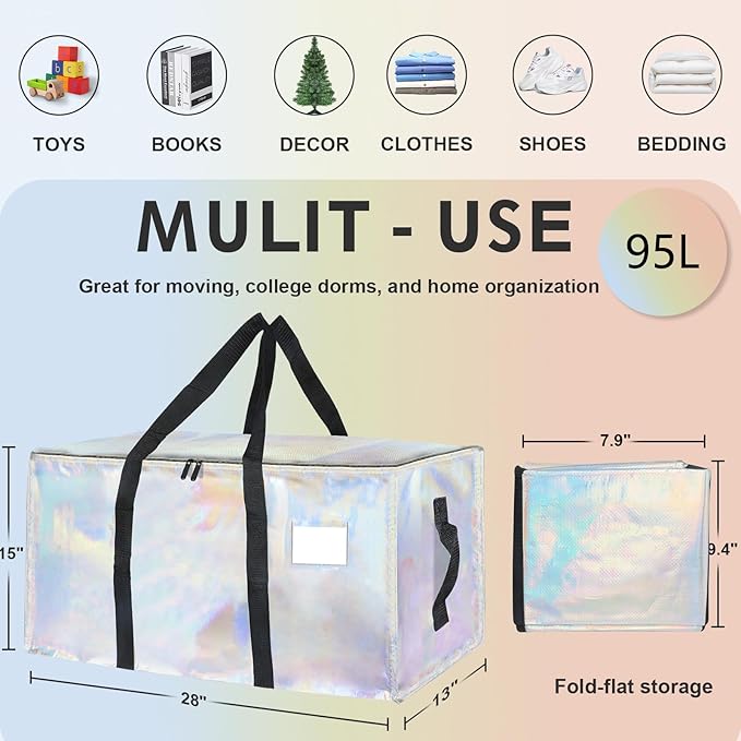 6 Pack-Extra Large Heavy Duty Moving Bags - Waterproof Storage Totes with Handles & Zippers, Foldable for College Dorm, Stora