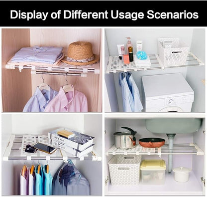 BAOYOUNI Adjustable Closet Shelf Extension Rod Clothes Storage Rack Organizer Hanger DIY Dividers Space Savers with 6 Mesh Sp