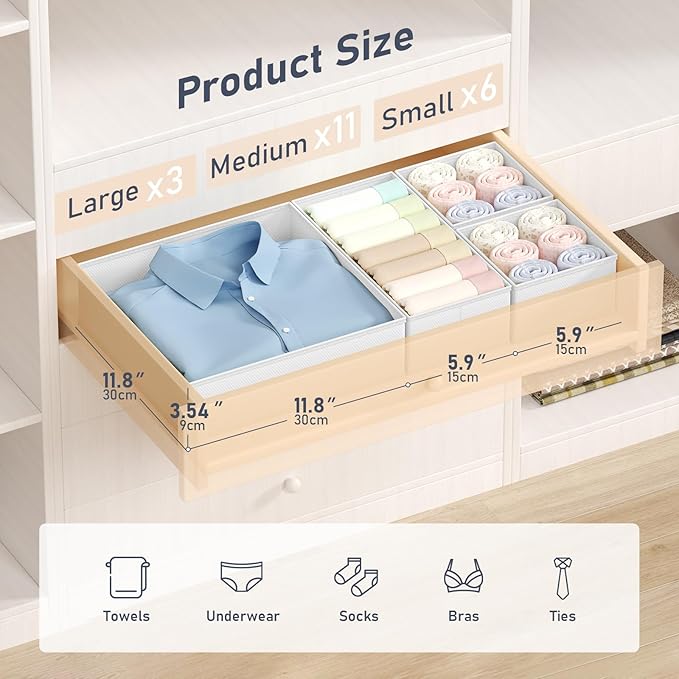 DIMJ Drawer Organizer Clothes Storage - 24 Pack Baby Dresser Organizer for Nursery, Small Fabric Closet Drawer Organizer Bins
