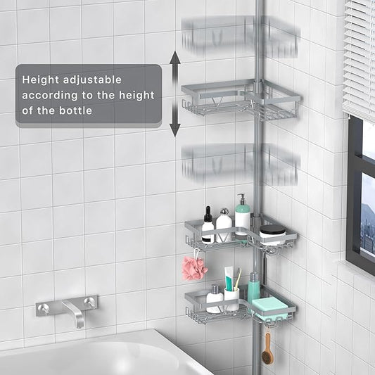 KEGII 4-Tier Corner Shower Caddy Tension Pole - Adjustable Shower Tension Rod Organizer, Floor to Ceiling Shower Caddy 25-114