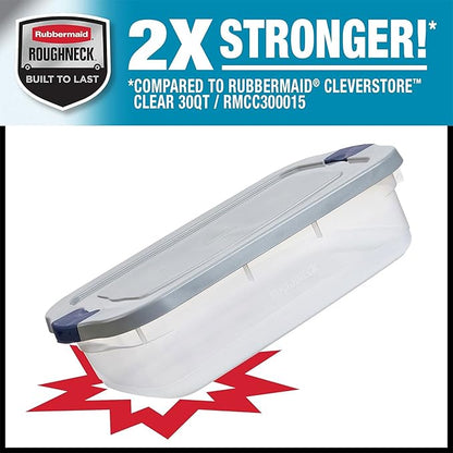 Rubbermaid Roughneck Clear 31 Qt/ 7.75 Gal Storage Containers, Pack of 6 with Snap-Fit Grey Lids, Visible Base, Sturdy and St