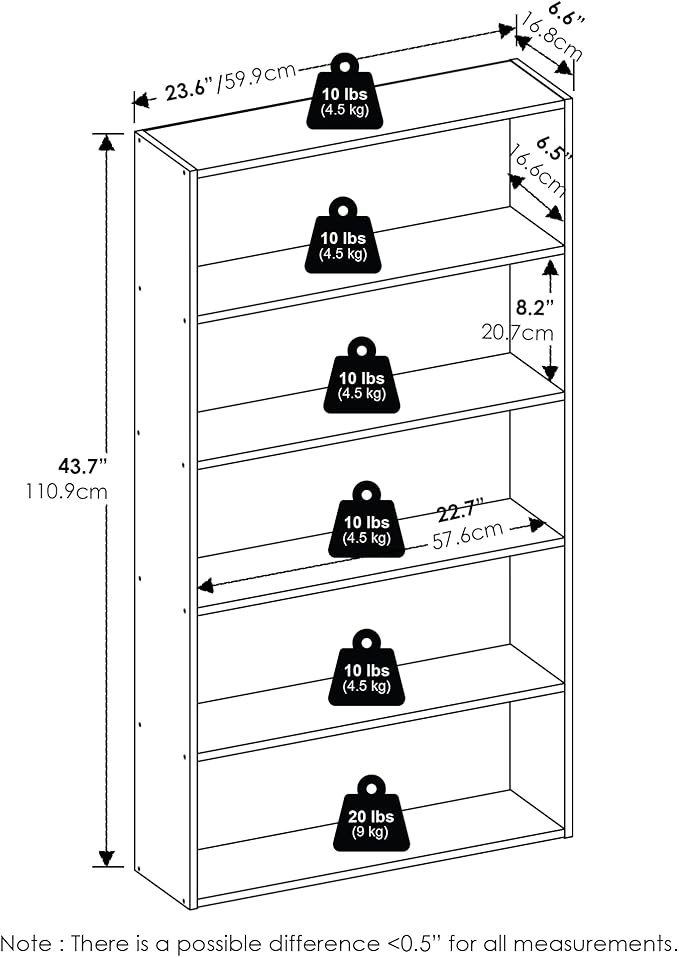 Furinno Basic Book Shelf, 5-Tier Bookshelf, Storage Organizer Bookcase with Open Shelf, 7 x 24 x 44, for Living Room, Bedroom