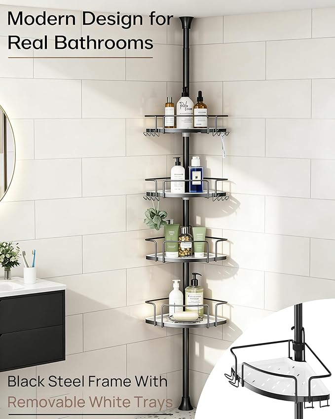 ALLZONE Corner Shower Caddy Tension Pole, 4 Repositionable Hang-On Baskets with Mixed-Height Shelves for Various Bottle Sizes