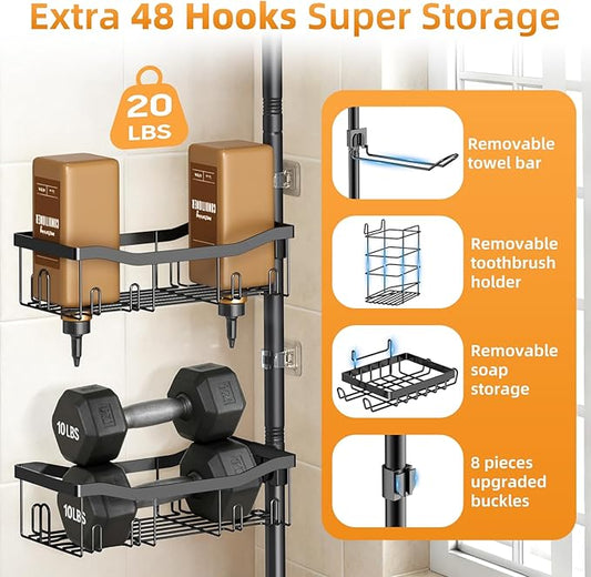 Shower Caddy Corner, 6 Tier Tension Pole Rod Bathroom Organizer Shelves, Adjustable Bathtub Shampoo Stand Rack with Towel Rac