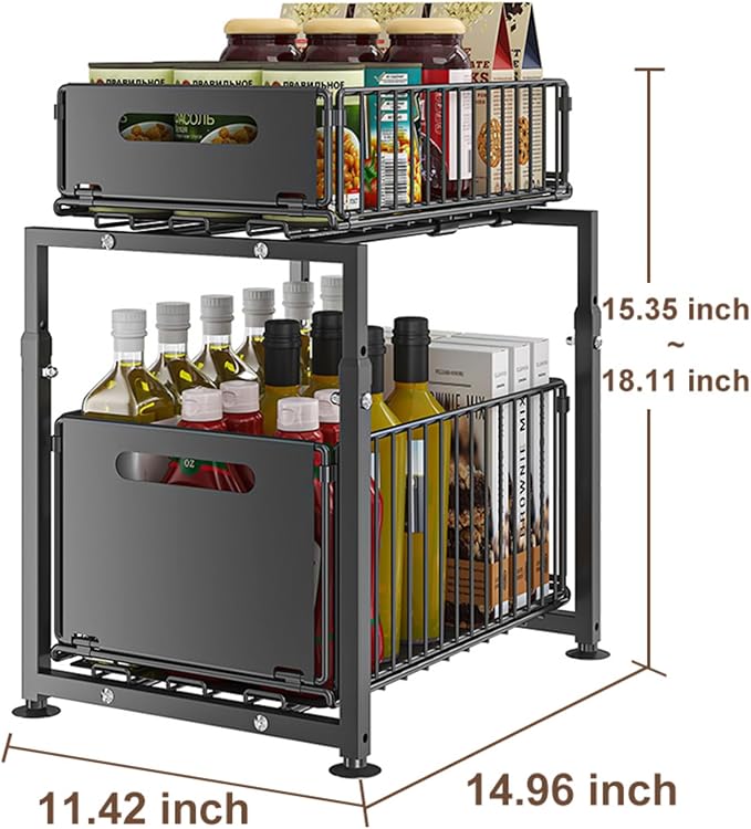 Under Sink Organizer, 2-Tier Multi-Use Kitchen and Bathroom Organizers and Storage, Slide Out Thickened Metal Under The Sink 