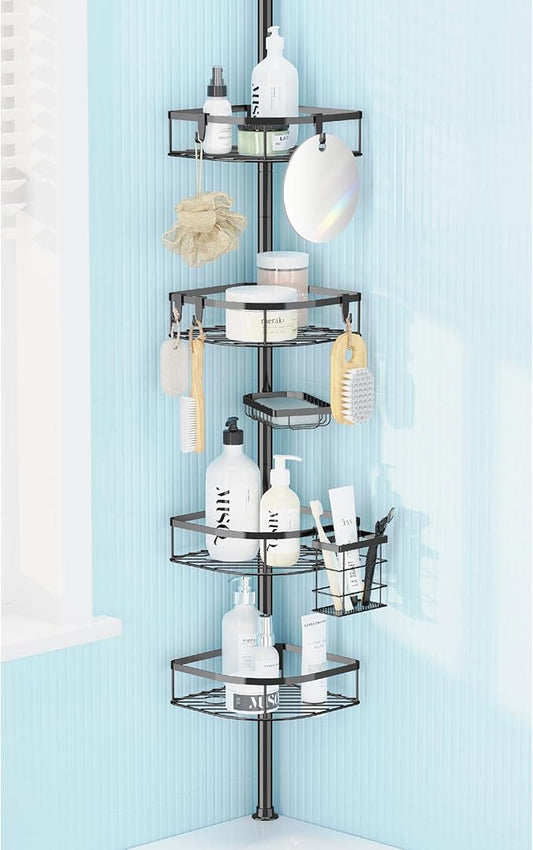 Shower Caddy Tension Pole, 4-Tier Adjustable Corner Shower Standing Caddy, Rustproof Rack for Bathroom Bathtub, with 4 Shelve