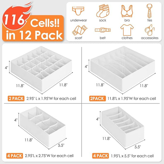 12 Pack Drawer Organizers for Clothing, 116 Large Compartments Fabric Dresser Closet Organizers and Storage Bins for Baby Clo