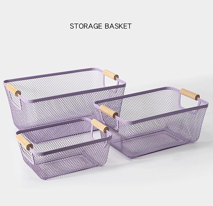 AJIODA Metal Mesh Steel Basket, Large Wire Storage Organizer Basket Multi-function Hanging Kitchen Baskets with Wood Handle f