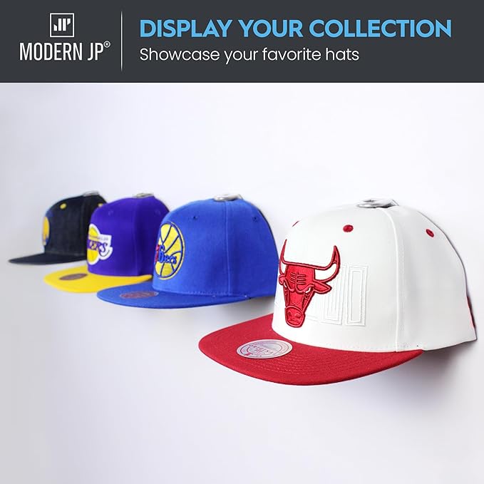 Modern JP Adhesive Hat Hooks for Wall (16-Pack) - Hat Rack for Baseball Caps, Minimalist Hat Display, Strong Hold Hat Hangers