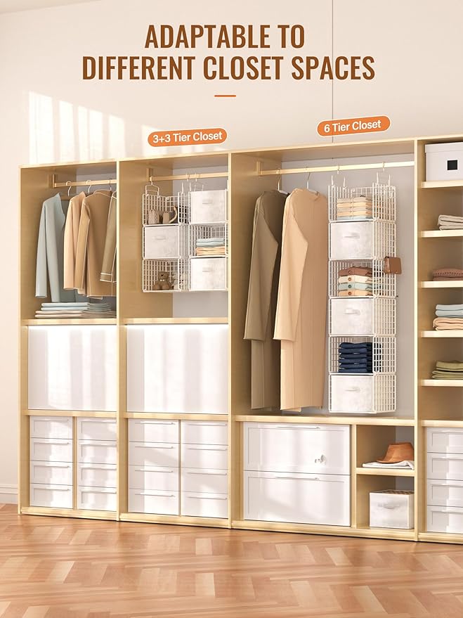 Closet Hanging Organizer with Drawers, 6 Tier Metal Closet Organizers and Storage with 4 Hanging Hooks 4 S-Hooks for Wardrobe
