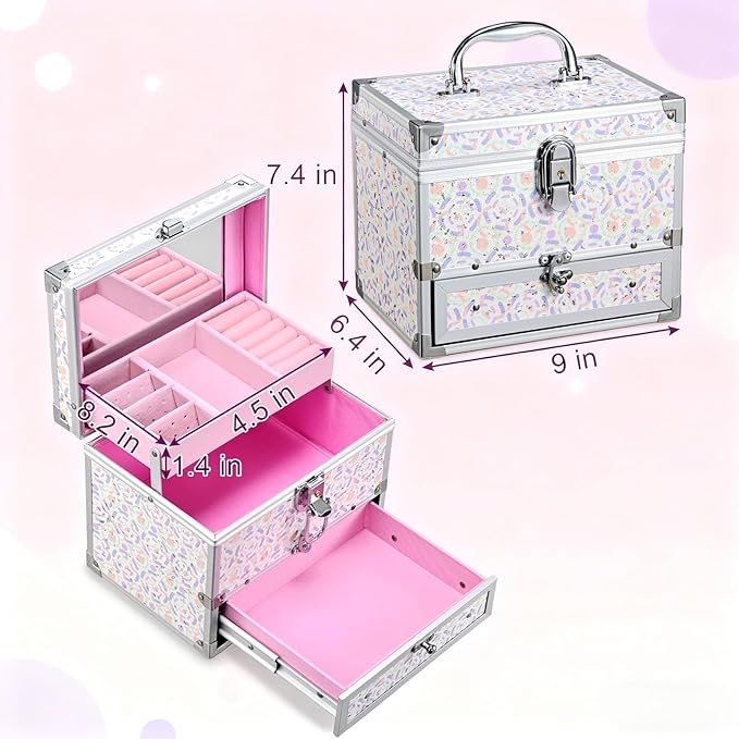 Hododou Girls Jewelry Box Organizer with Drawer & Mirror, Shiny Pink Style Lockable Storage Case for Kid or Little Girls Jewe