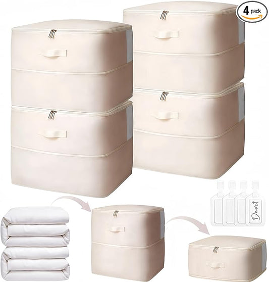 4 Pack Comforter Storage Bag, 68L Blanket Storage Bags Self Compression Comforter Organizer and Storages, Space Saving Washab