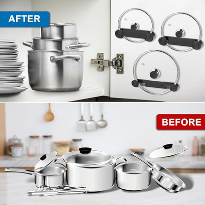 YONGAIJIA New Upgrade 4 Pack Adjustable Pot Lid Holder, Lid Organizer Fits 6" to 14" Lids, with Screw Hole Position and Sticky Wall Mounted Lid Storage Kitchen Cabinets, Cabinet Doors (Black)