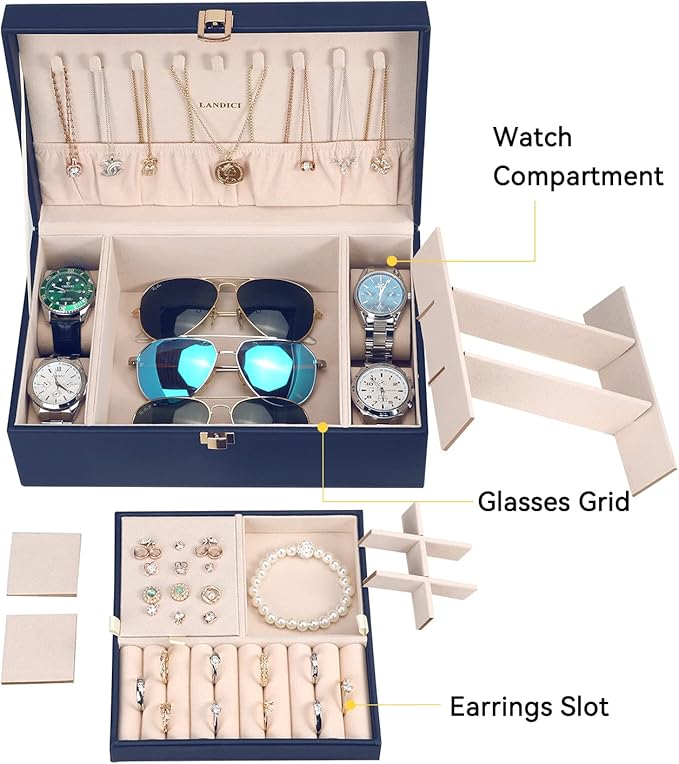 LANDICI Jewelry Box Organizer for Men Women, 2 Layer 4 Slot Watch Storage Case with Removable Tray, PU Leather Large Jeweller