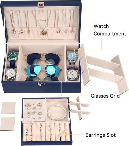 LANDICI Jewelry Box Organizer for Men Women, 2 Layer 4 Slot Watch Storage Case with Removable Tray, PU Leather Large Jeweller