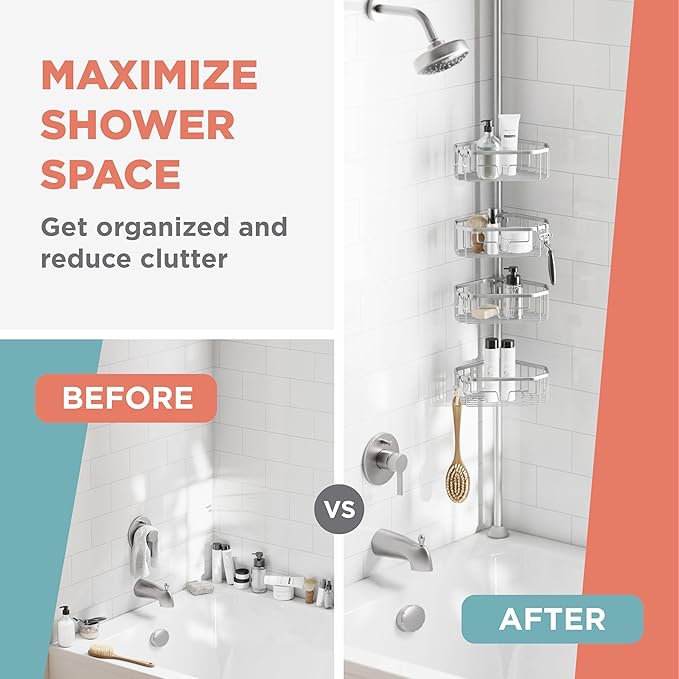 Zenna Home Tension Pole Shower Caddy Corner Organizer, Adjustable Standing Shower Caddy with 4 Shelves, Rustproof Bathroom Te