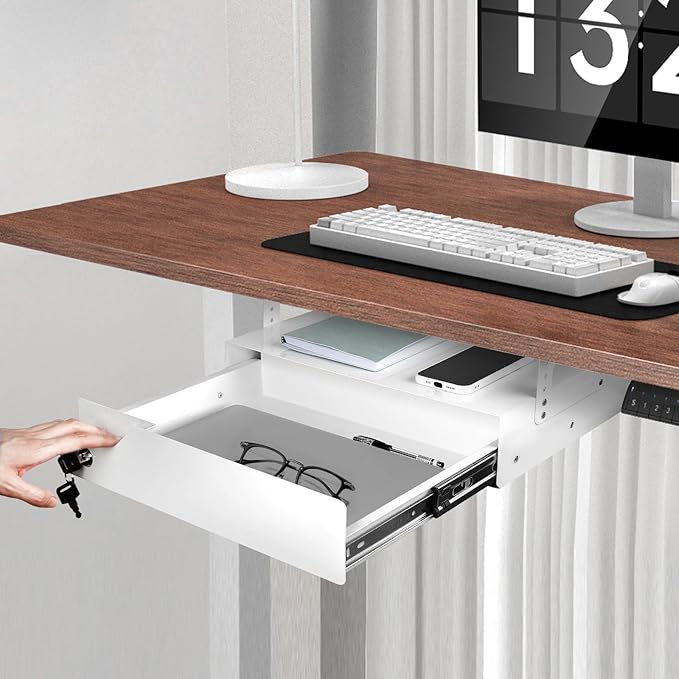 16 inch Under Desk Mounted Drawer with Tall Brackets Height Adjustable Pull Out Drawer Covered with Lock Secure for Office De
