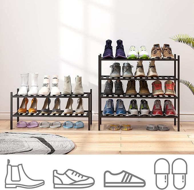 viewcare 4-Tier Black Bamboo Shoe Rack for Entryway, Stackable | Foldable | Natural, Shoe Organizer for Hallway Closet, Free 