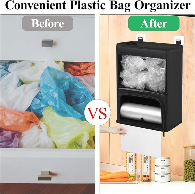 2-in-1 Plastic Bag Holder with Clear Window, Large Grocery Bag Holder and Trash Bag Dispenser with Easy-Access Openings, Plastic Bag Organizer for Kitchen RV Cabinet Wall Mounted (Black）
